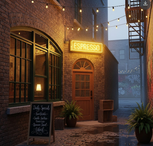 カフェソラの店内。温かい照明と木製のテーブル、椅子が並ぶ落ち着いた空間