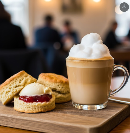 雲のカフェラテのクローズアップ。可愛らしいラテアートがはっきりと見える
